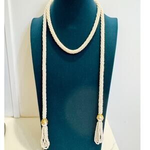 Vintage Faux Pearl Rope Lariat Necklace with Tassel Ends